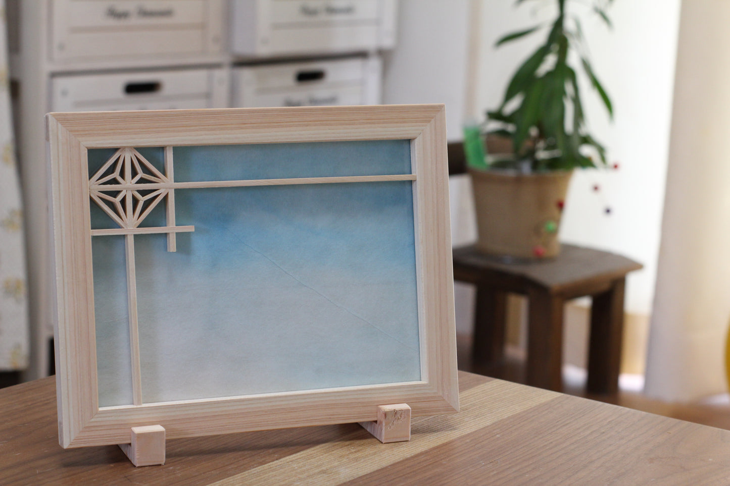 Wooden photo frame lozenge pattern blue Japanese paper